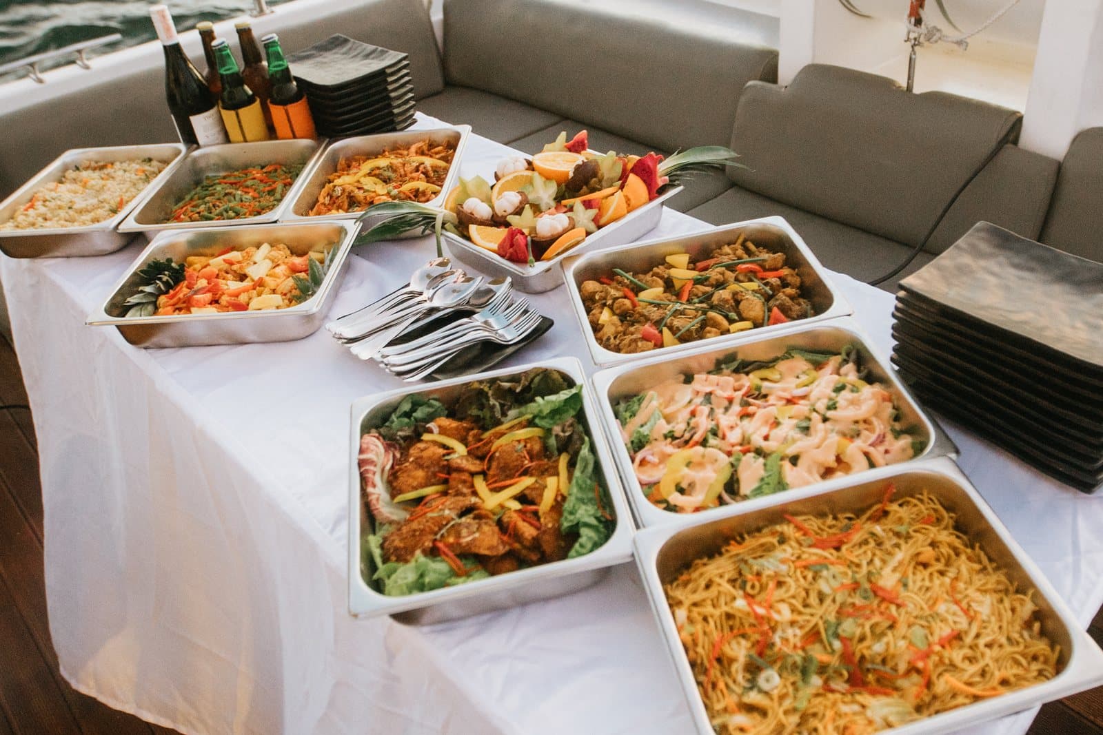 Full catering spread for a corporate yacht charter in Bali