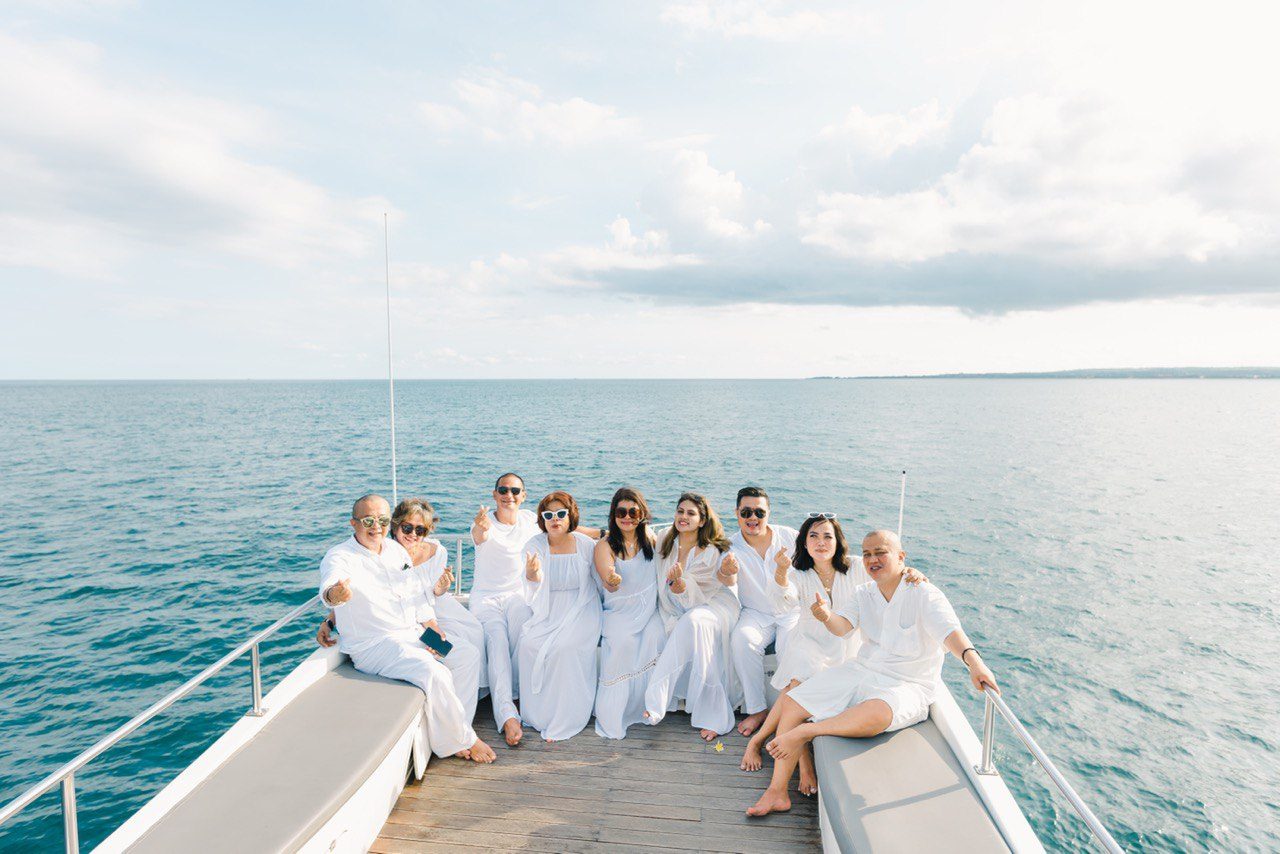 Guests enjoying the bow on a large group charter